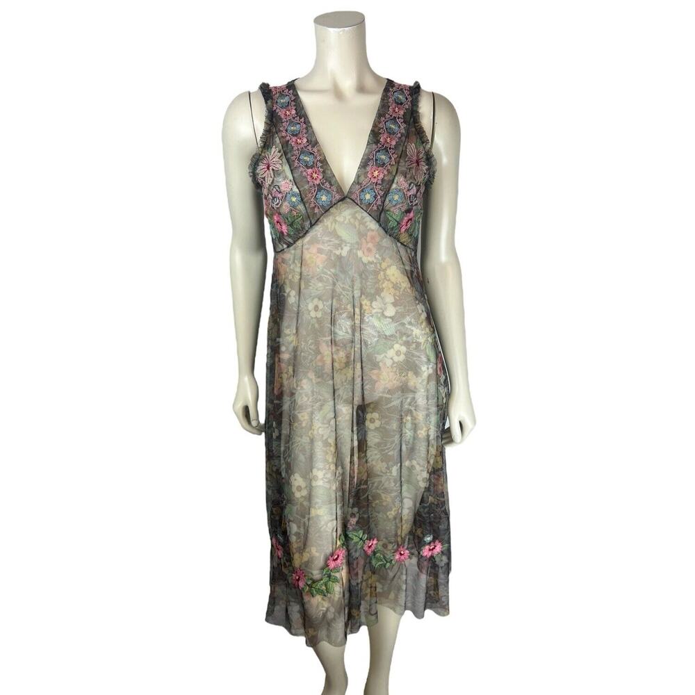 Biya Johnny Was Embroidered Mesh Slip Dress Size XS Floral Sheer Vneck Overlay